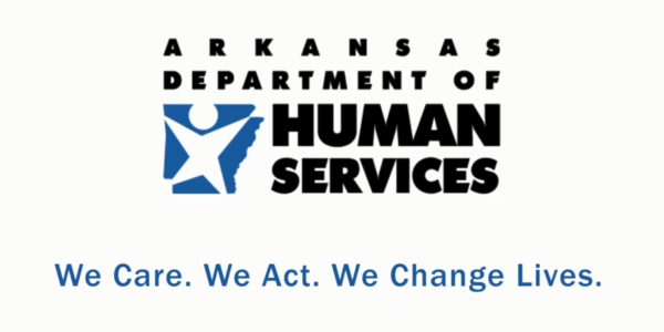 Arkansas Department of Human Services logo with a blue figure and the slogan “We Care. We Act. We Change Lives.”