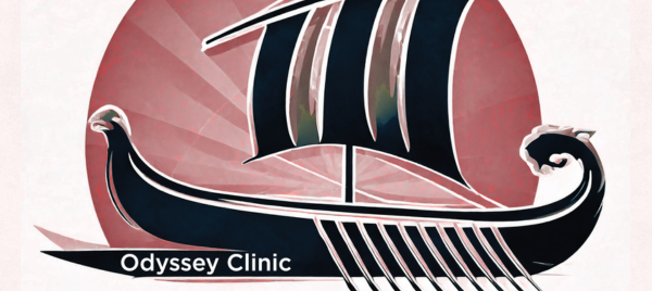 Logo: Odyssey Clinic logo of a greek ship set in a sunset background.