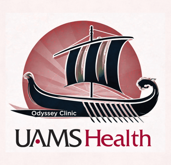 Logo: Odyssey Clinic logo of a greek ship set in a sunset background.