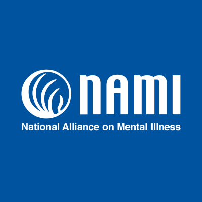 NAMI logo featuring the text “National Alliance on Mental Illness” with a blue abstract symbol representing support and unity.